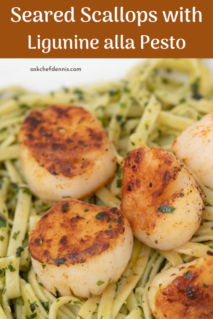 Pinterest image for pan-seared scallops and linguine al pesto