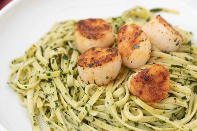 pan seared scallops on a bed of linguine alla pesto on a white plate