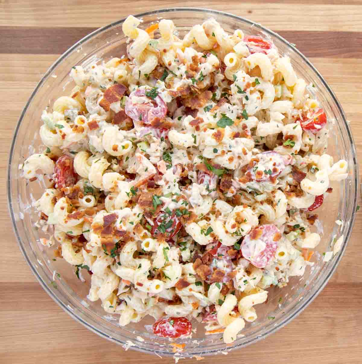 overhead view of large bowl of tuna macaroni salad