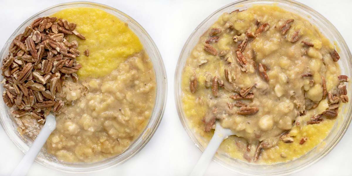 two images showing how to add nuts, banana and pineapple to cake batter