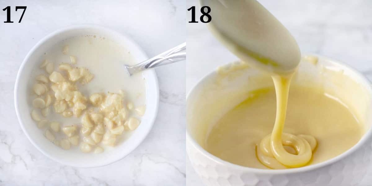 collage showing how to make white chocolate glaze.
