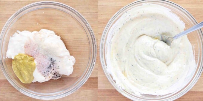 two images of ingredients and finished dressing in bowls