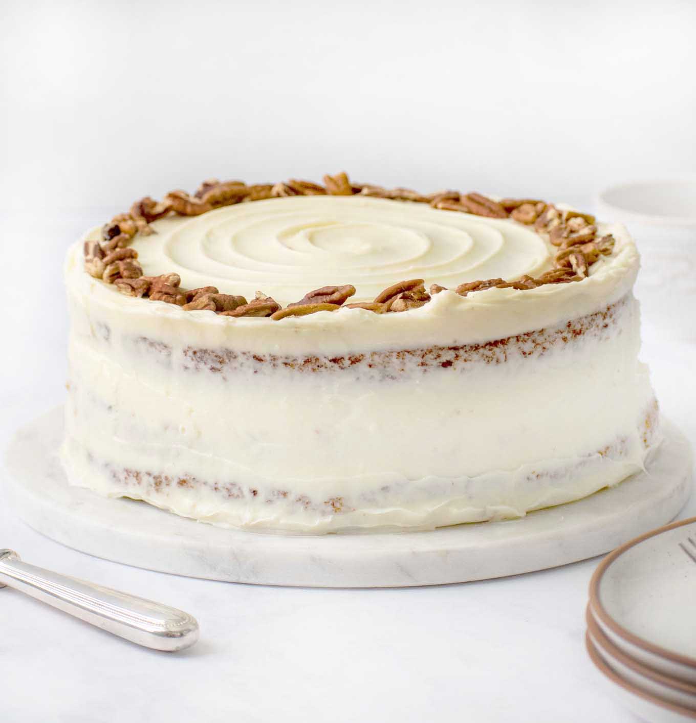side view of frosted hummingbird cake