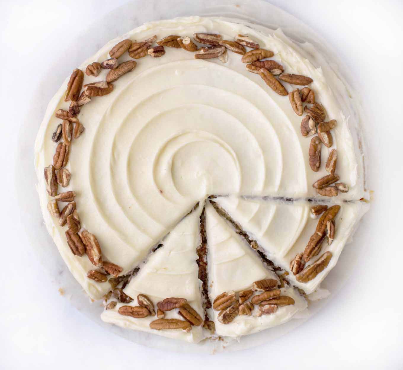 Overhead view of Hummingbird cake sliced