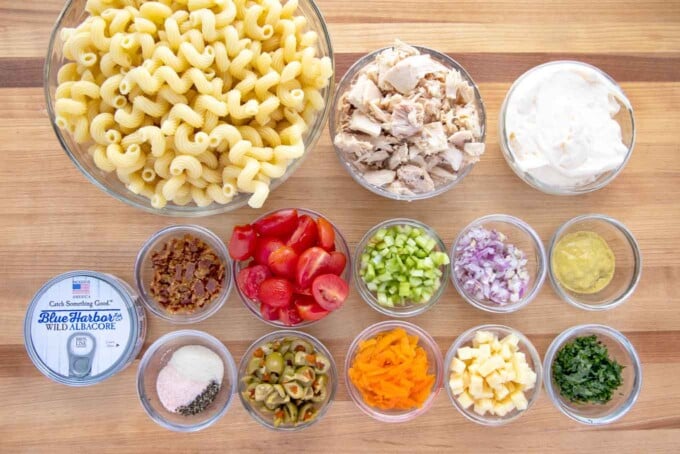 overhead view of ingredients to make Tuna Macaroni Salad Deluxe