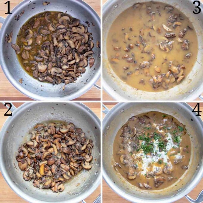 four images showing how to make mushroom marsala sauce