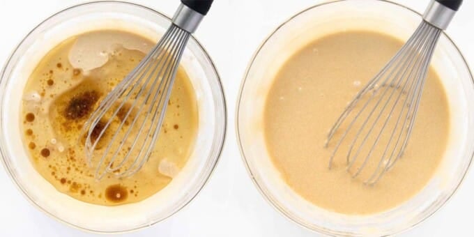 two images showing how to add the oil to the sugar mixture