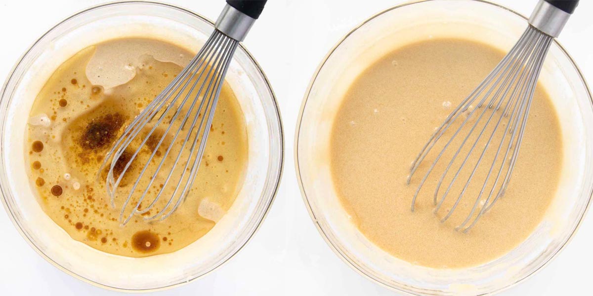 collage of steps adding the oil to the sugar mixture