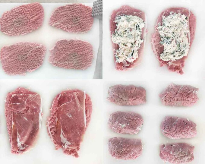 four images showing how to assemble a braciole