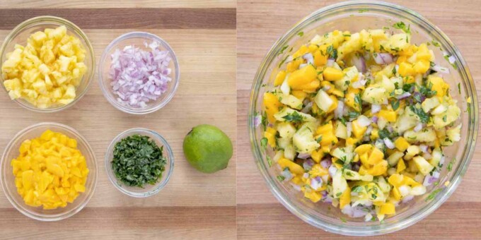 two images showing what you need and how to make mango salsa