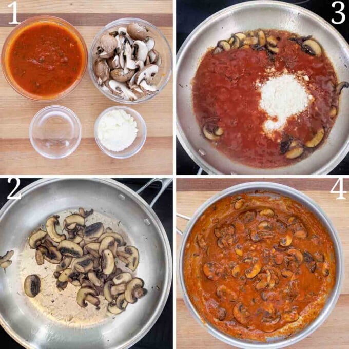 four images showing how to make mushroom red sauce