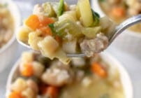 Pinterest image for Italian sausage and white bean soup.