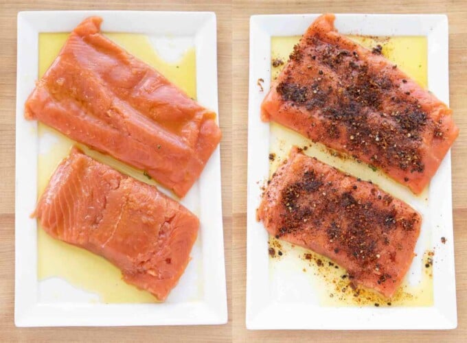 two images showing how to dry rub the salmon