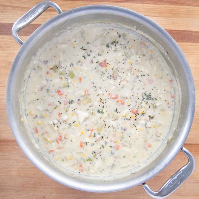 finished chowder in stock pot