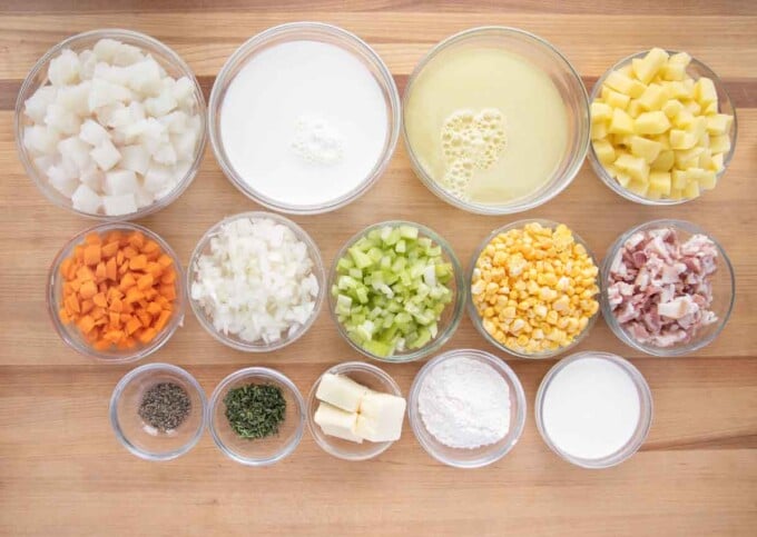 overhead view of ingredients to make fish chowder