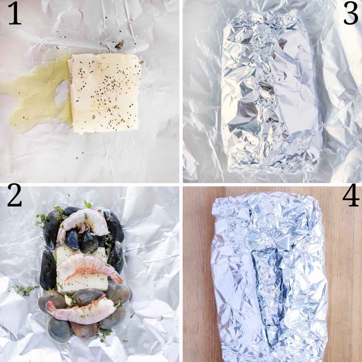 Four images showing how to make seafood combo foil packet.