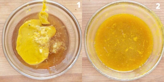 two images showing how to make the honey mustard barbecue sauce