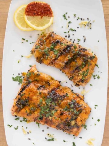 overhead view of honey mustard salmon