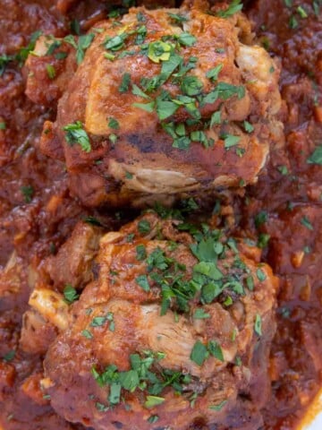 overhead close up of pork osso bucco