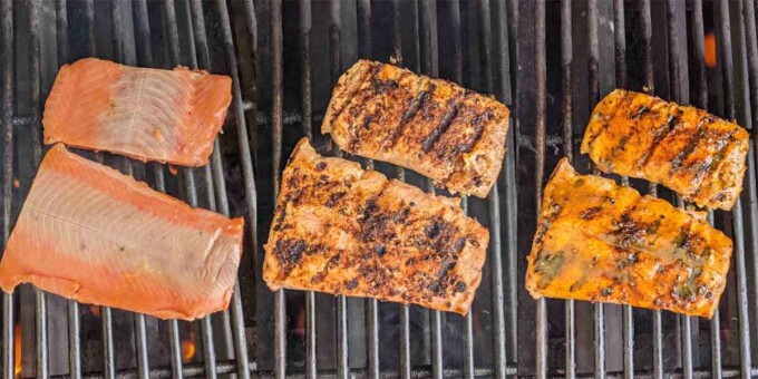 three images of the cooking process of the salmon