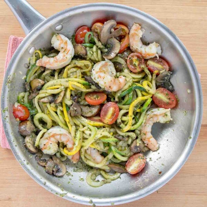 completed shrimp and zoodles in a saute pan