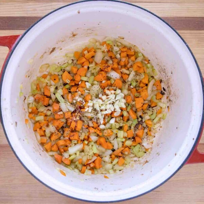 mirepoix and garlic added to pot