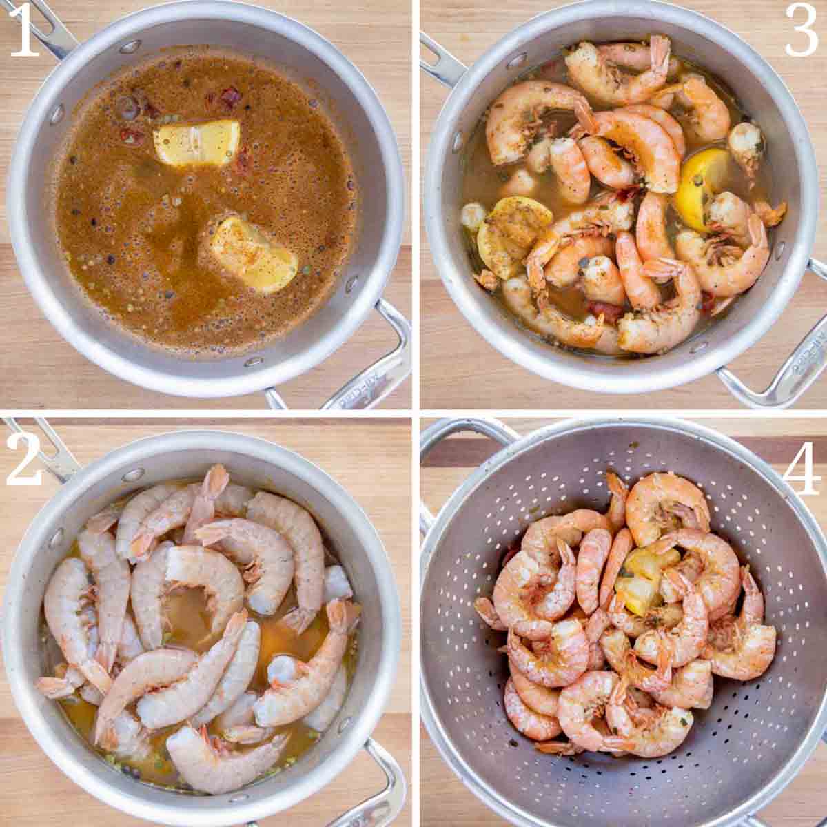 four images showing how to make peel and eat shrimp