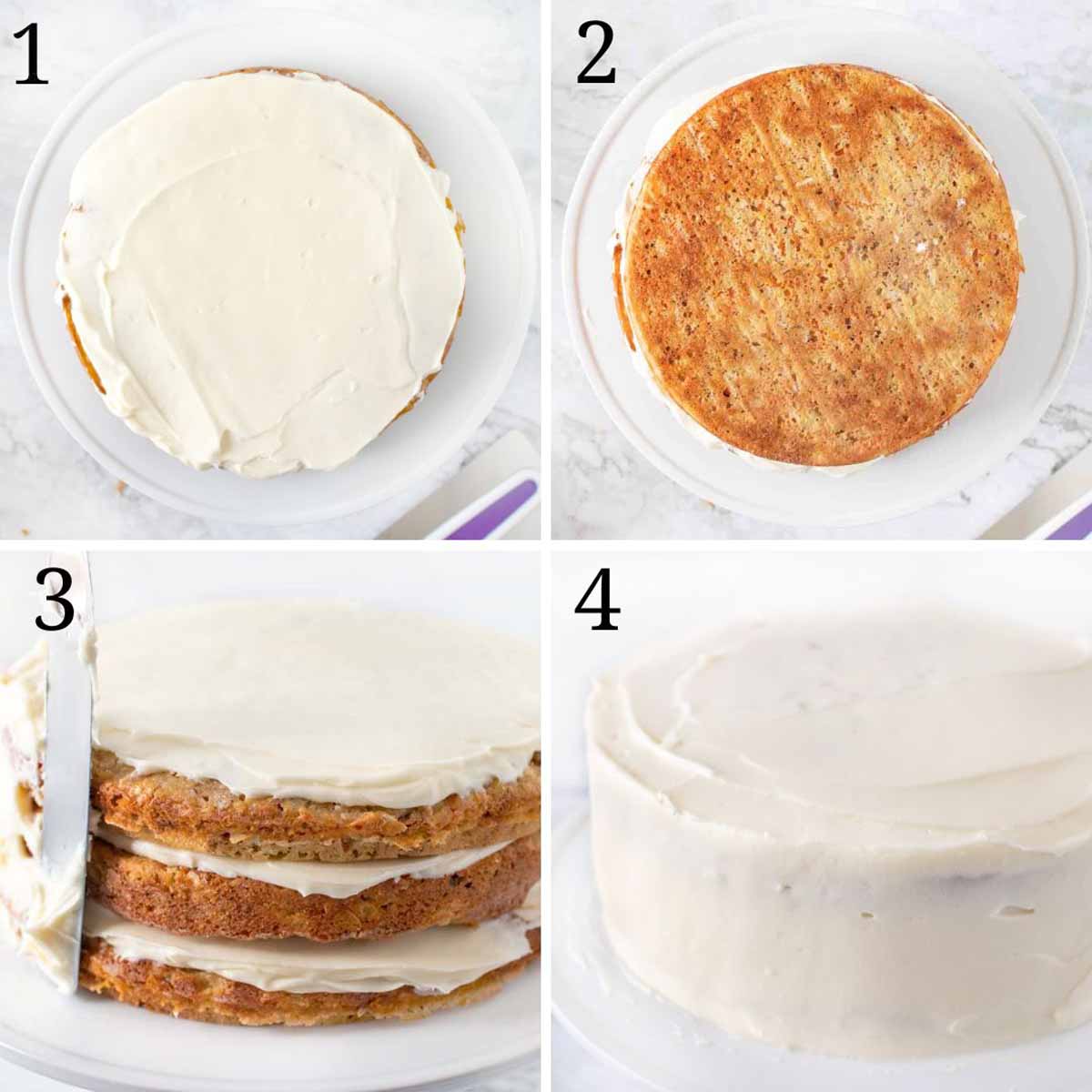 collage of images showing how to assemble cake