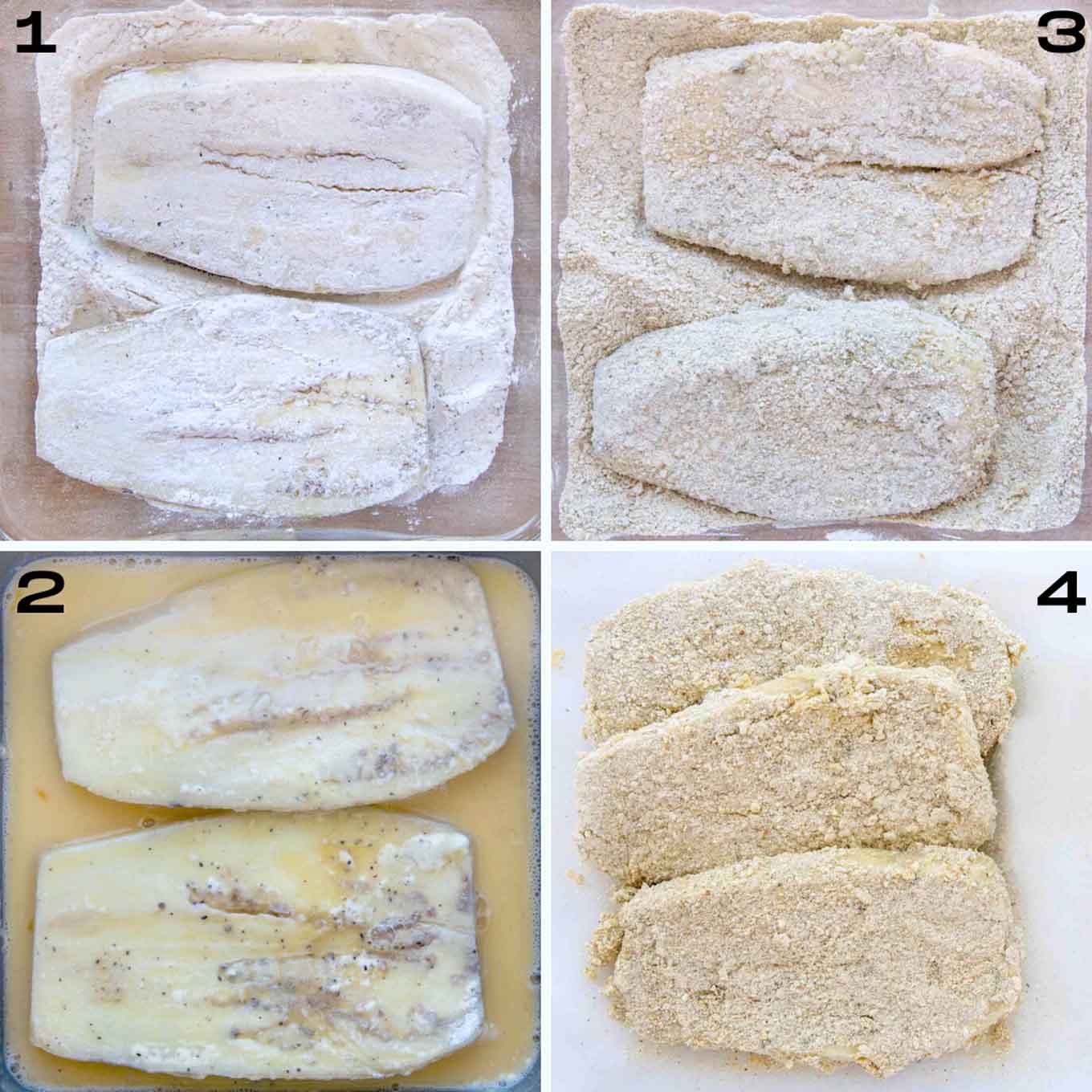 four images showing how to bread eggplant parm