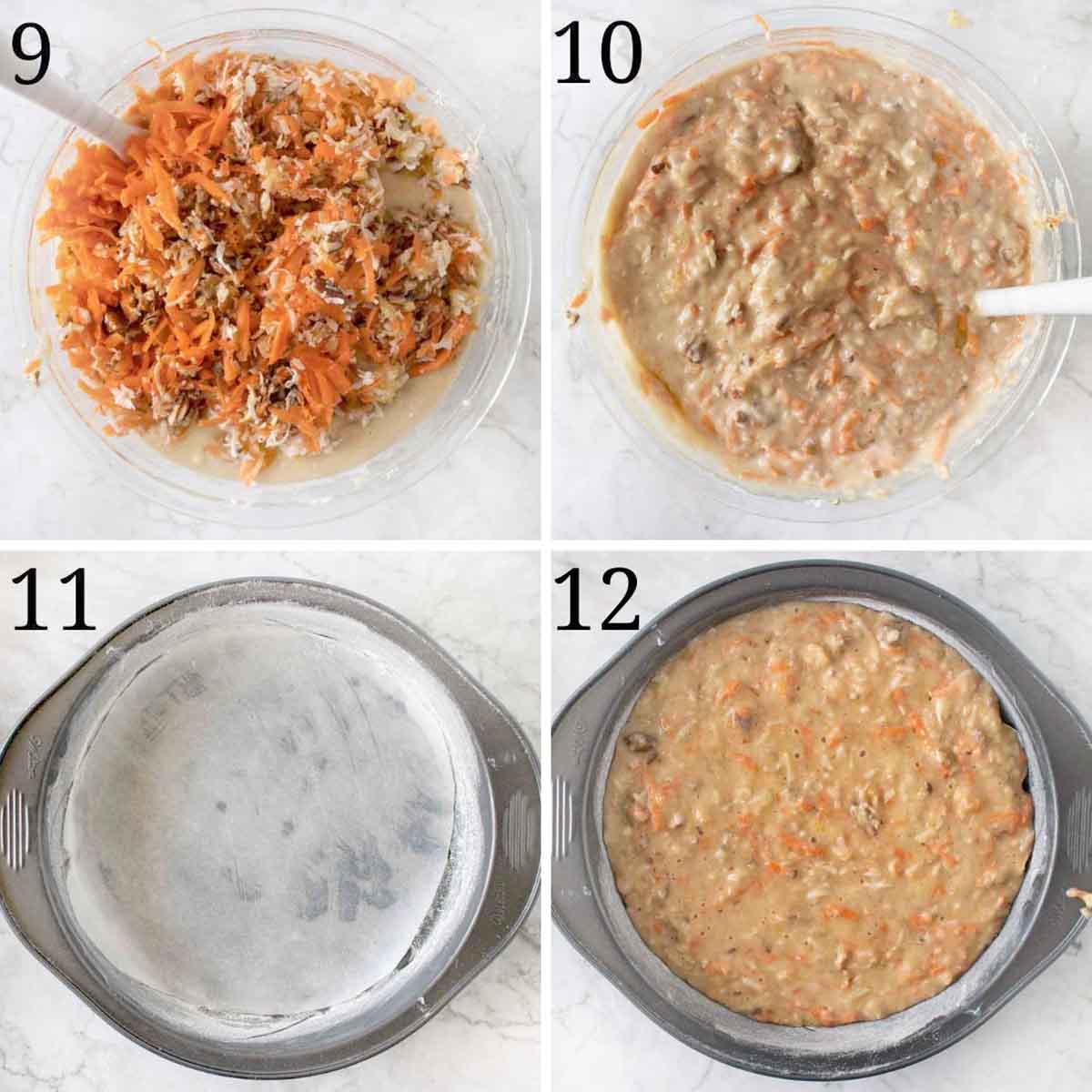 collage showing the final steps in making cake batter and baking
