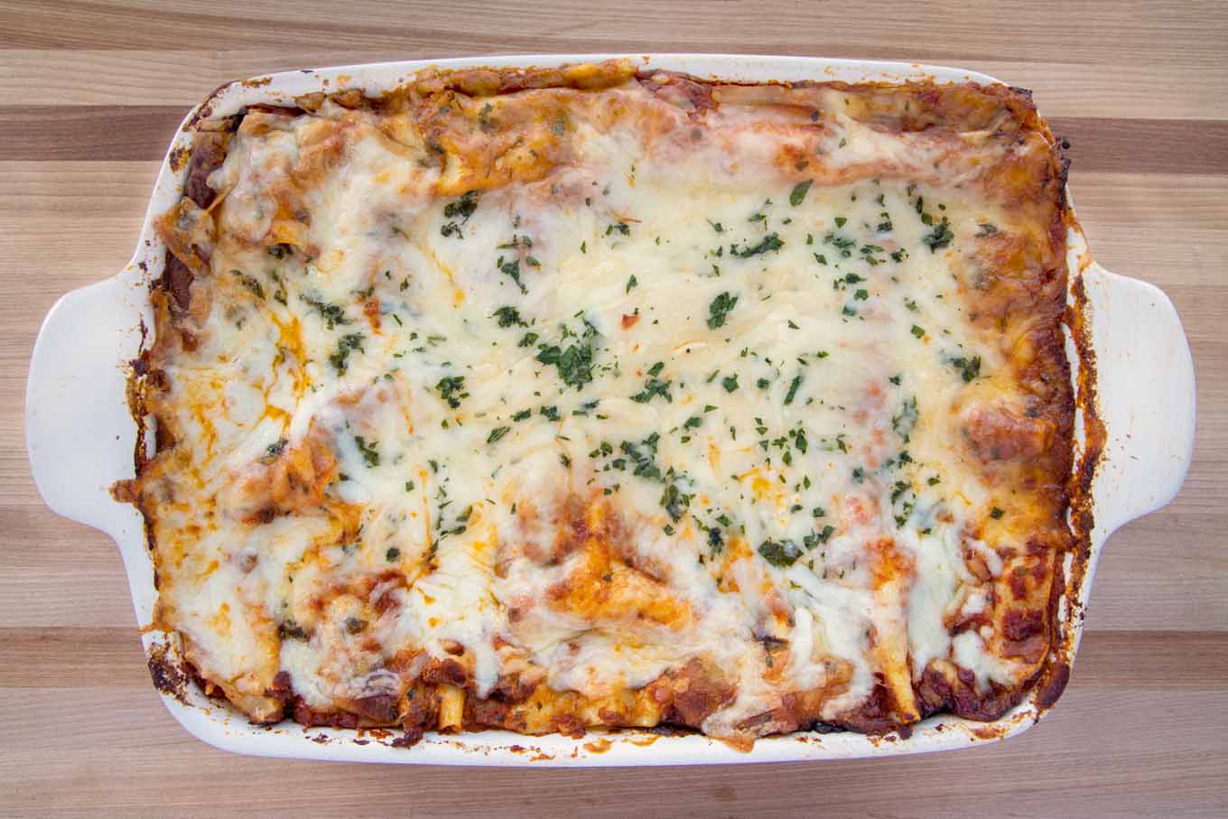 overhead view of fully baked lasagna bolognese