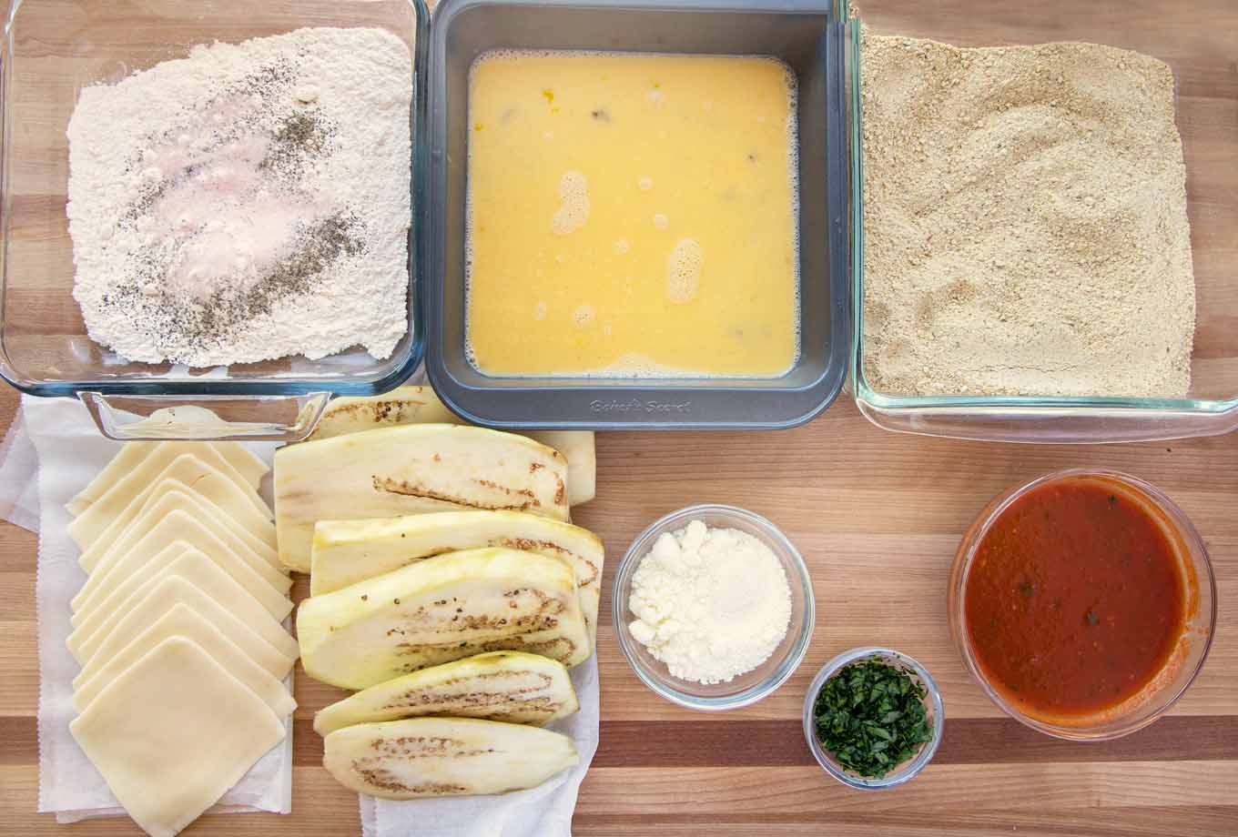 overhead view of ingredients needed to make eggplant parm