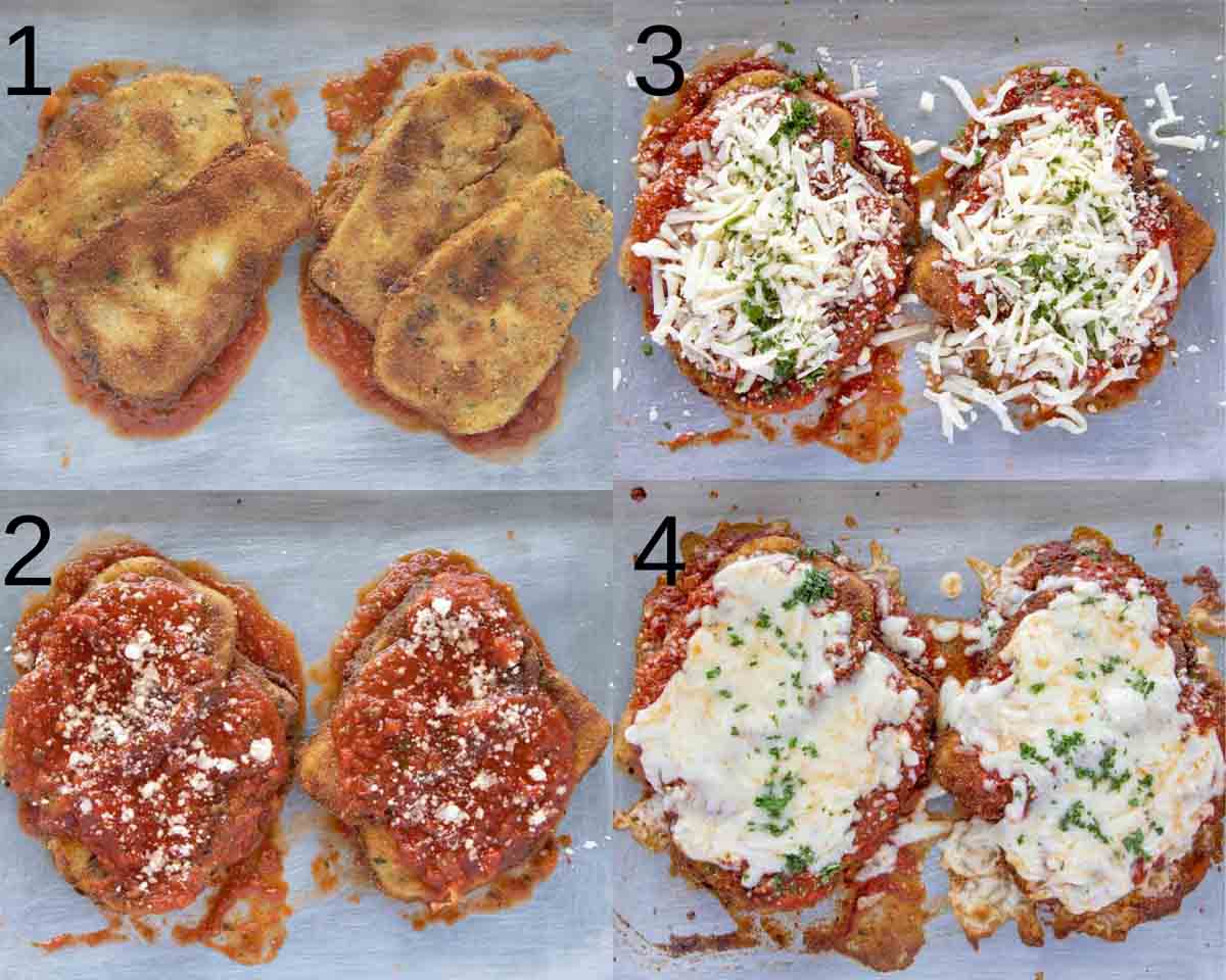 four images showing how to finish making eggplant parm