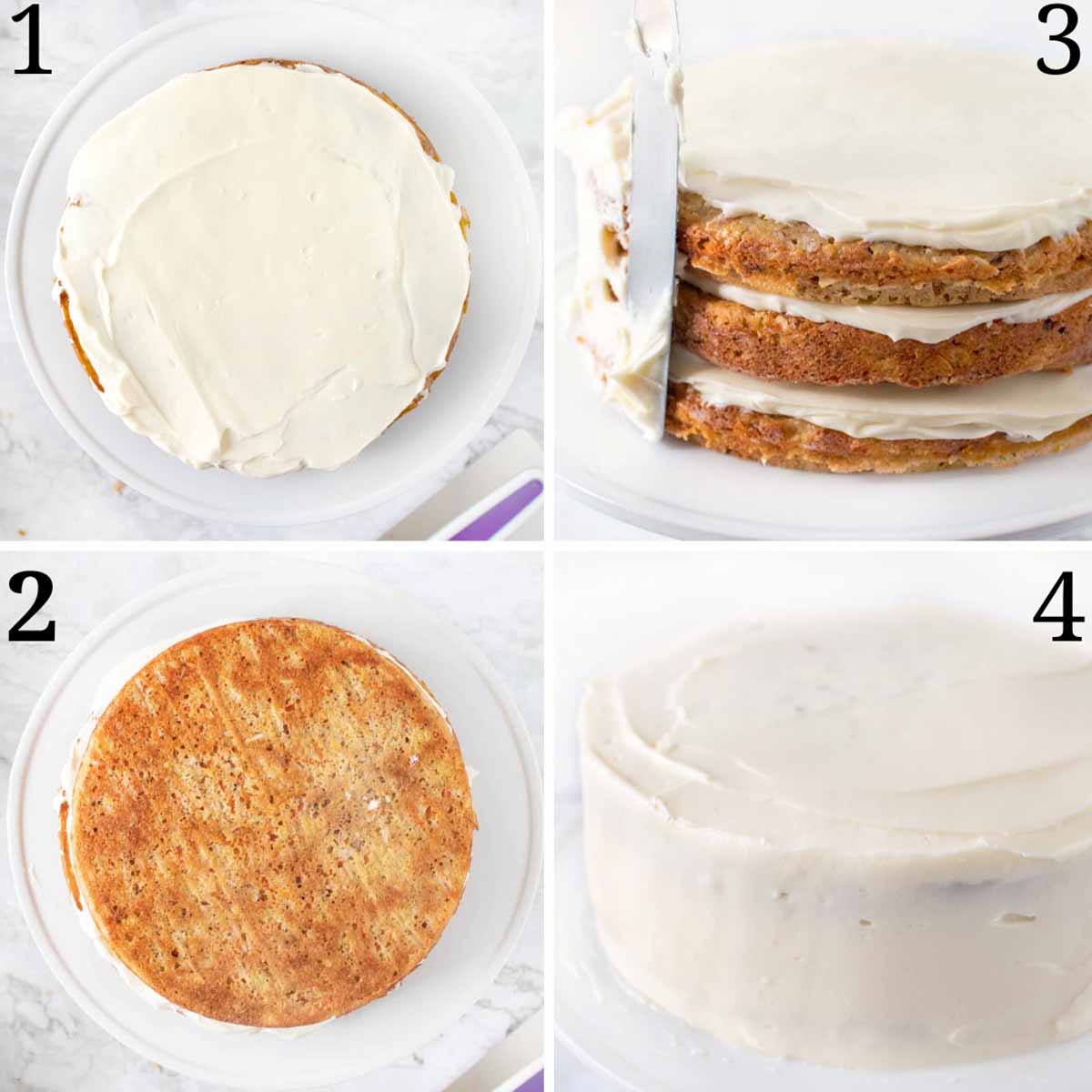 collage showing how to frost the carrot cake