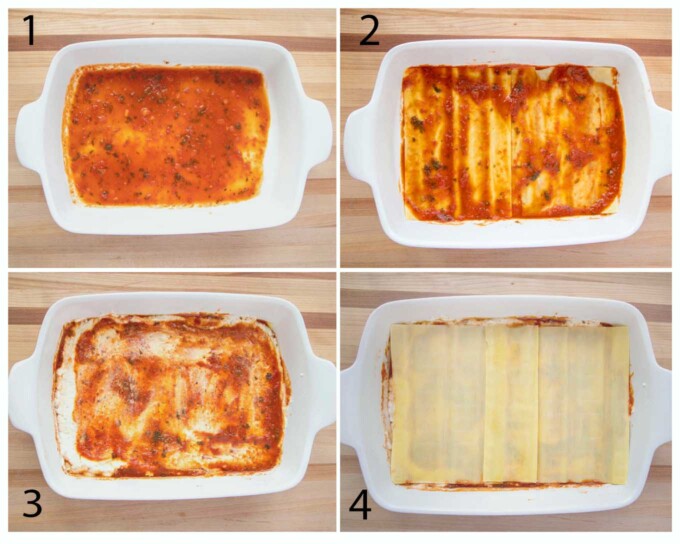 four images showing how to assemble lasagna bolognese