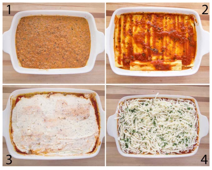 four images showing how to finish assembling lasagna bolognese