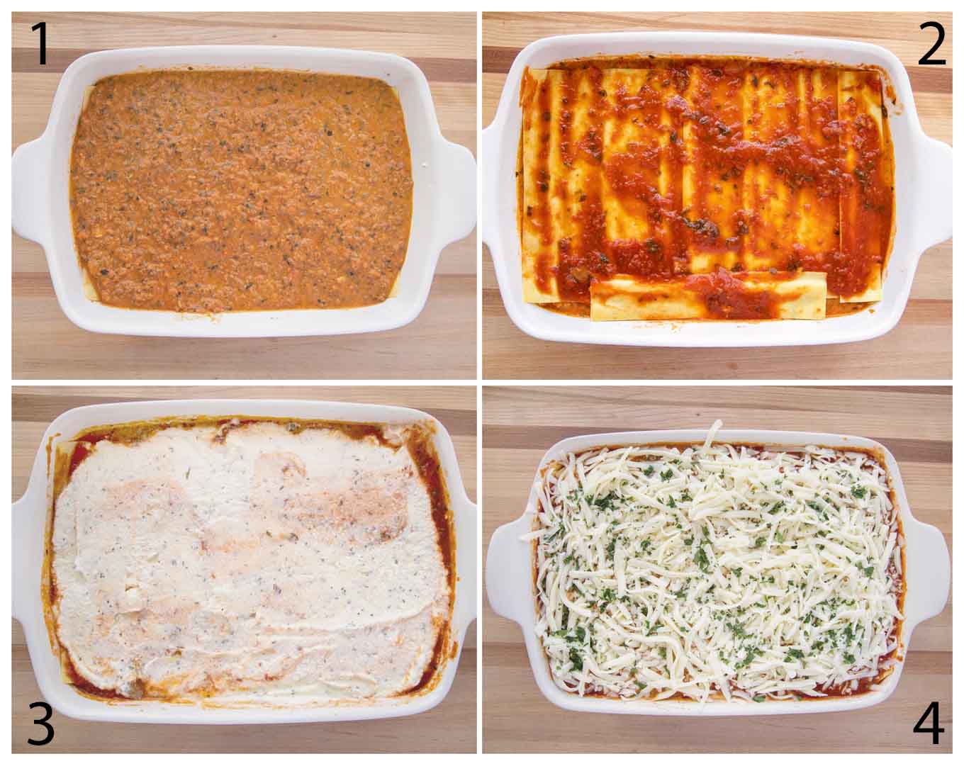 collage showing how to assemble lasagna