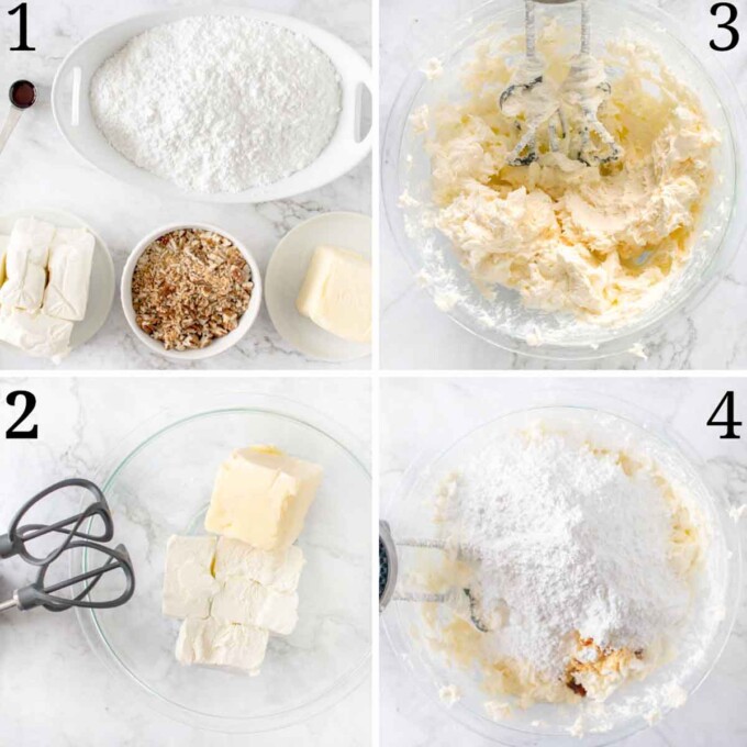 four images showing how to make the cream cheese frosting