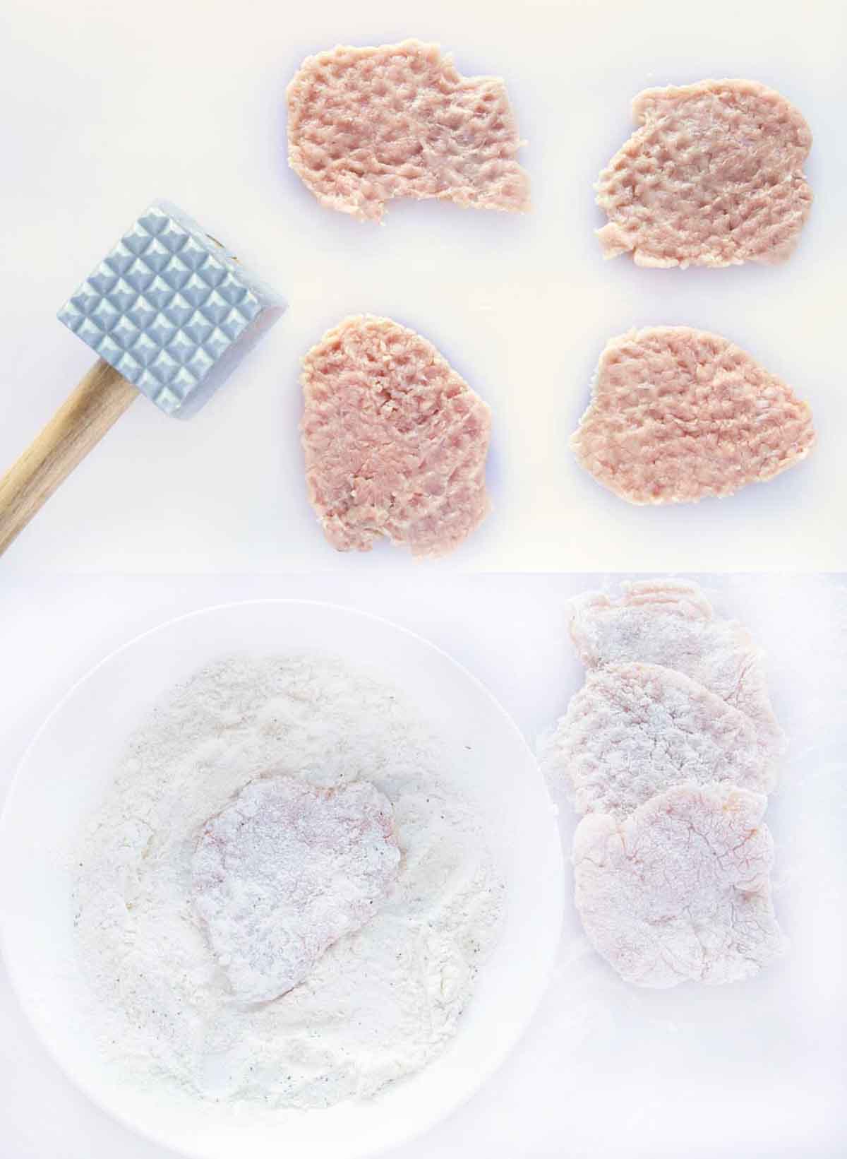 two images of veal slices being pounded thin then dredged in seasoned flour