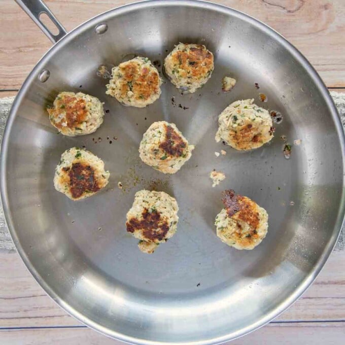 seared tuna meatballs in large saute pan