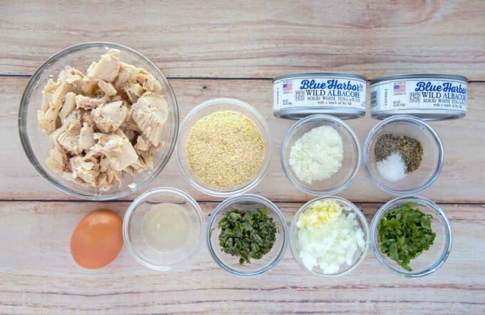 overhead view of ingredients to make tuna meatballs