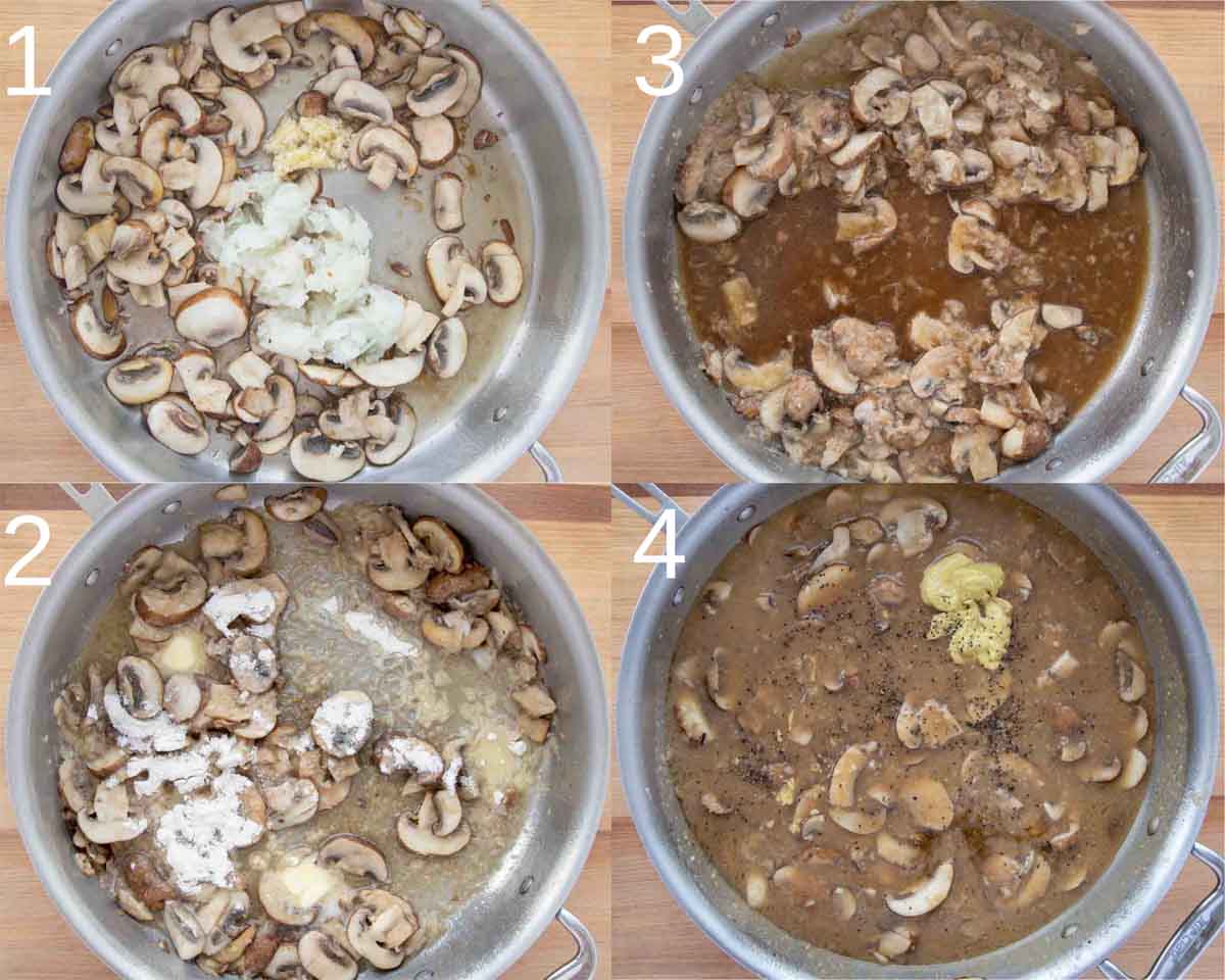 four images showing how to make mushroom gravy