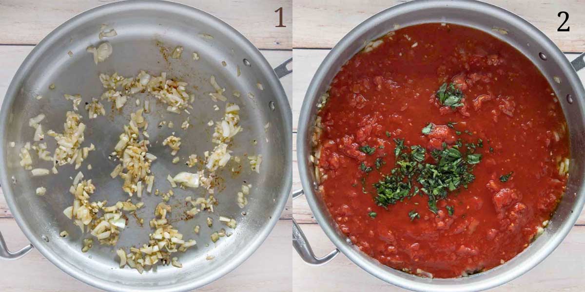 two images showing how to make the spicy marinara for the pork chops