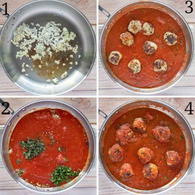 four images showing how to make a spicy marinara sauce with tuna meatballs