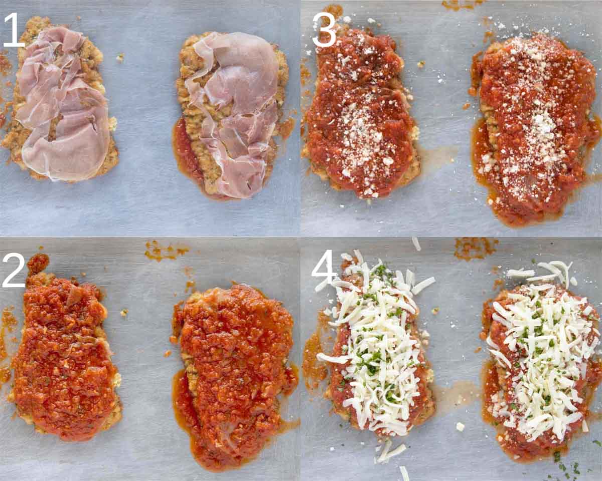 four images showing how to finish preparing veal parm