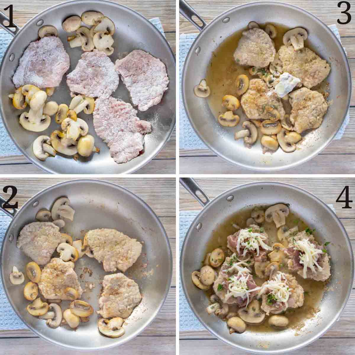four images showing how to prepare veal saltimbocca