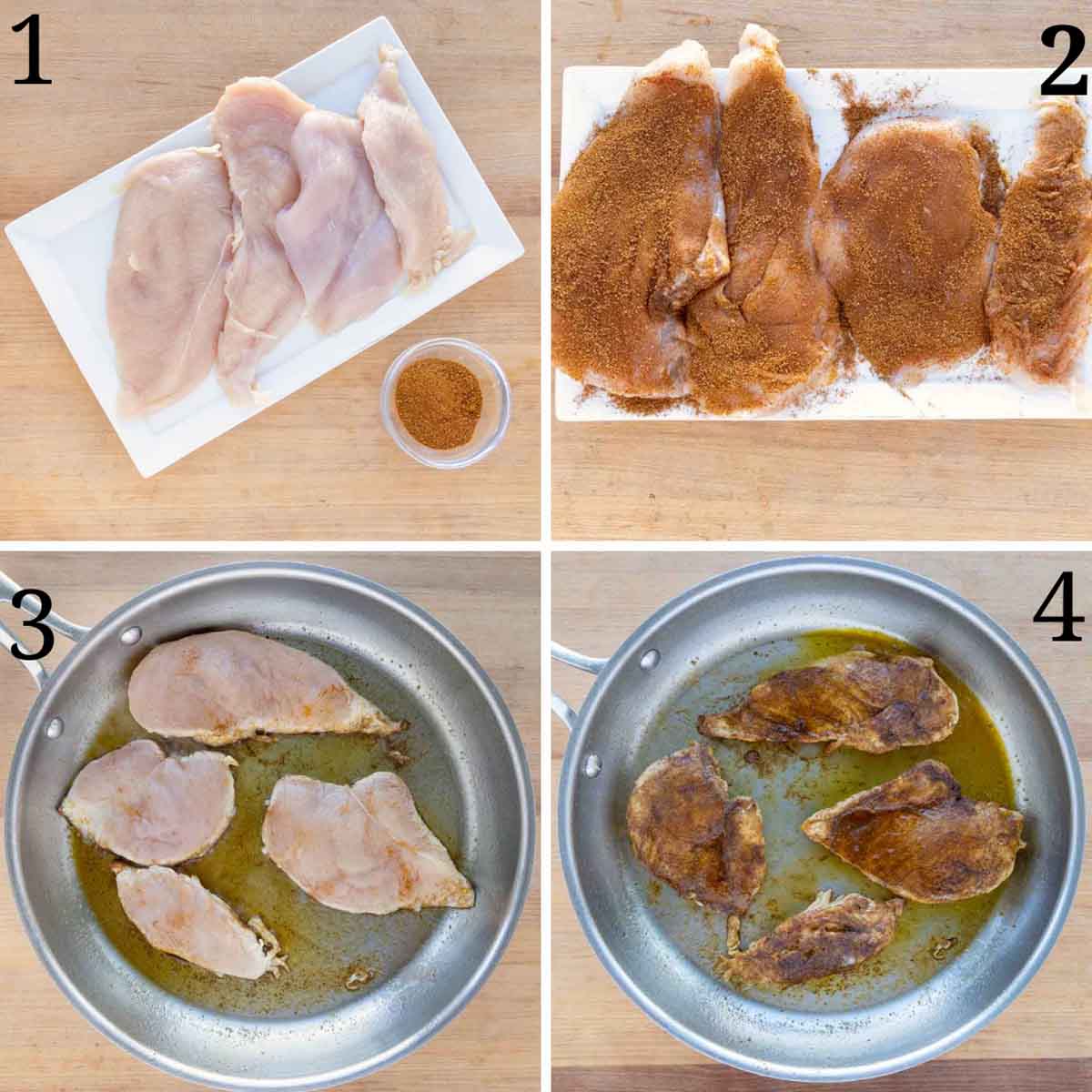 four images showing how to make blackened chicken