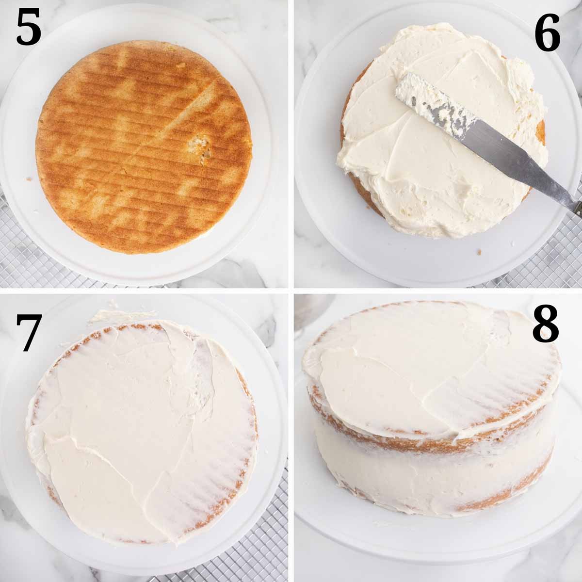 four images showing how to assemble the winter wonderland cake