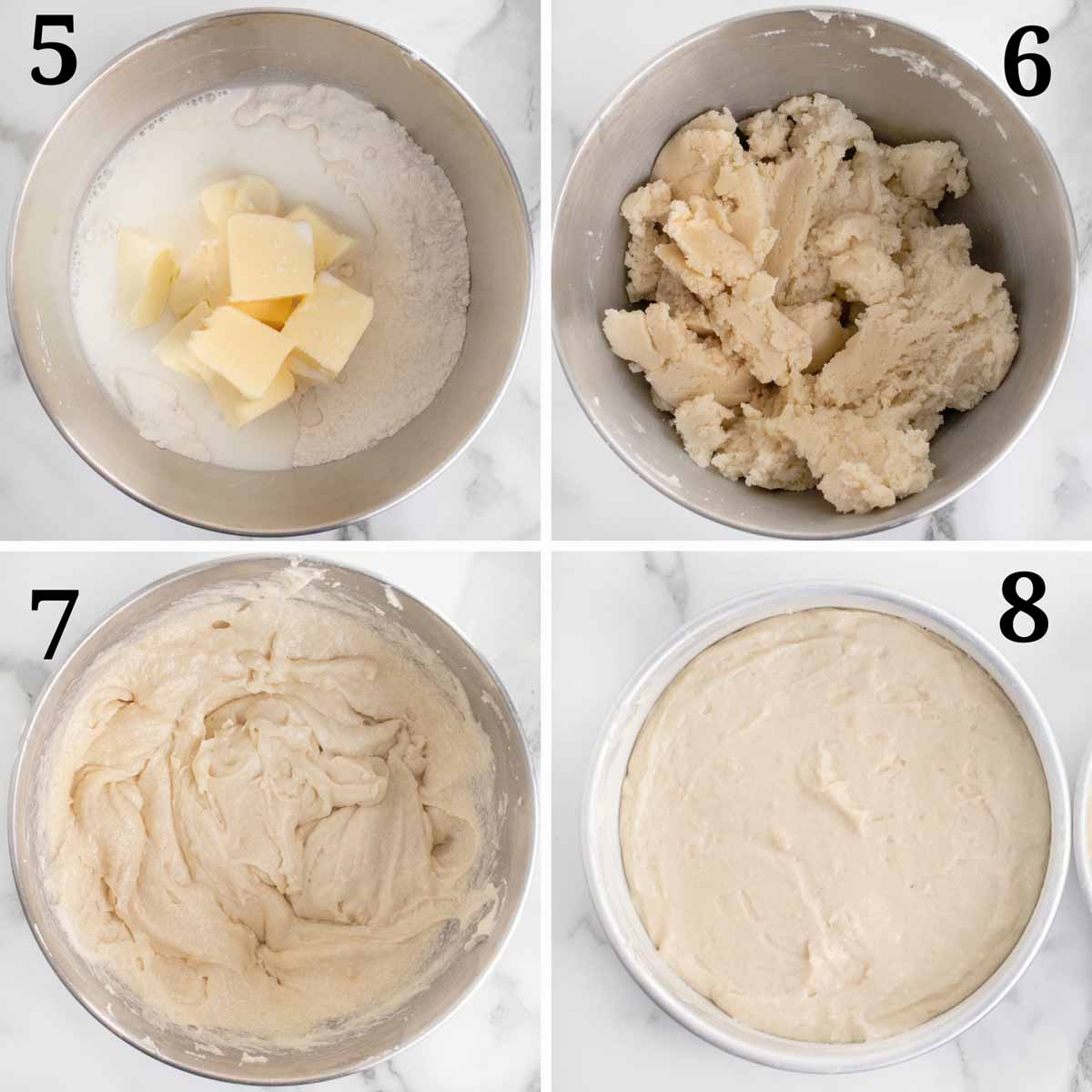 four images showing the next steps in making a white cake.
