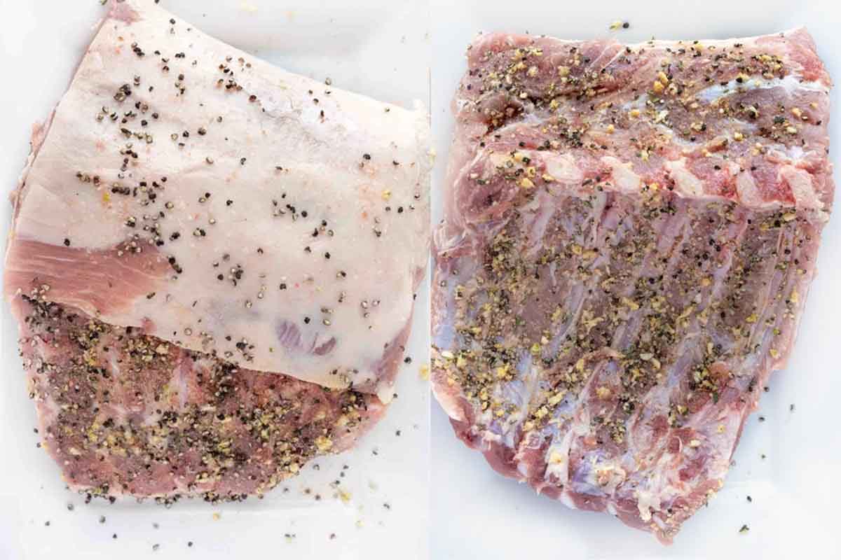 two images showing both sides of the rack of pork seasoned with dry rub